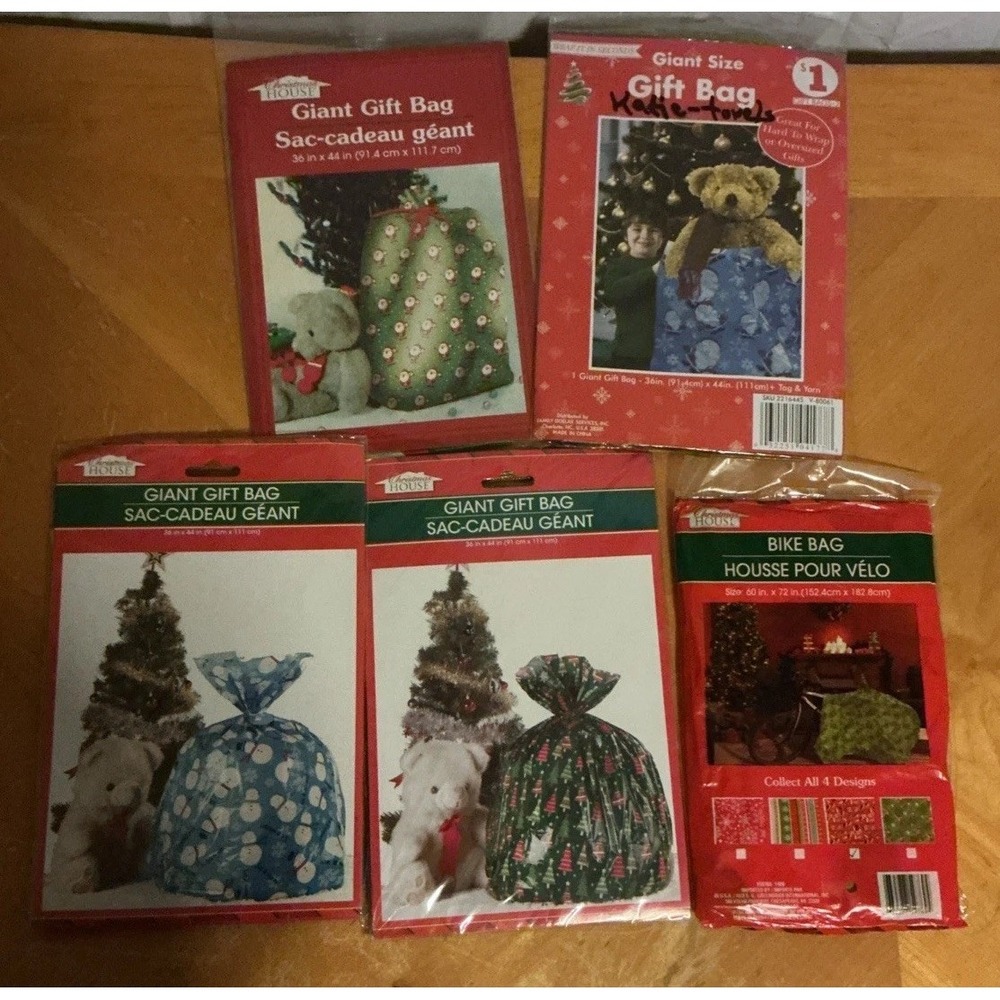 Lot Of 5 Christmas Gift Bags, 3 Giant 35 X 44" And 1 Bike Bag 60 X 72", NIP